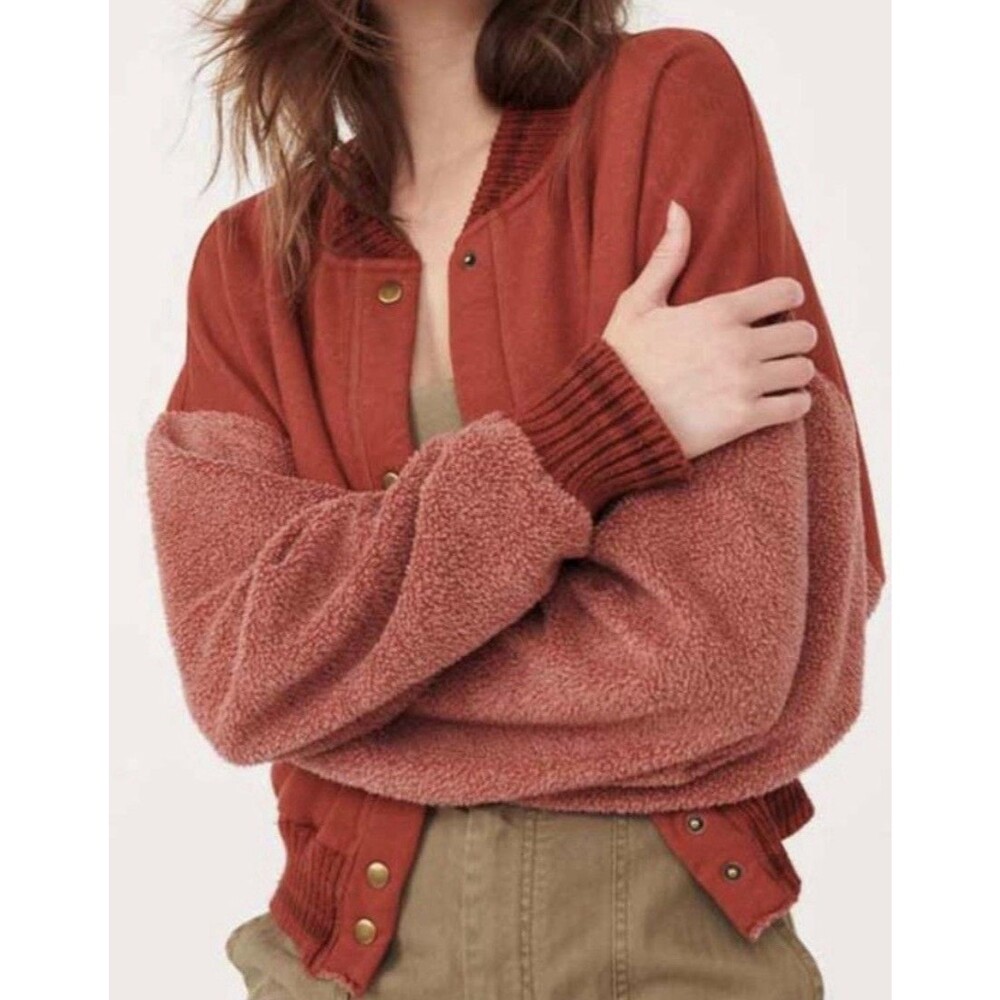 Free People Hollaback Bomber Jacket Snap Front Orange Spiced Brandy Sherpa Large - Picture 4 of 16
